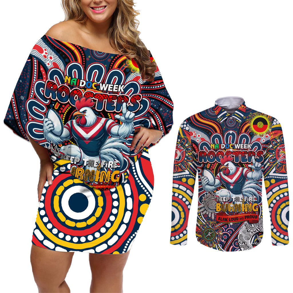 Custom NAIDOC Week 2024 Roosters Couples Matching Off Shoulder Short Dress and Long Sleeve Button Shirt Mascot Rugby