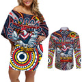 Custom NAIDOC Week 2024 Roosters Couples Matching Off Shoulder Short Dress and Long Sleeve Button Shirt Mascot Rugby