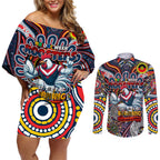 Custom NAIDOC Week 2024 Roosters Couples Matching Off Shoulder Short Dress and Long Sleeve Button Shirt Mascot Rugby