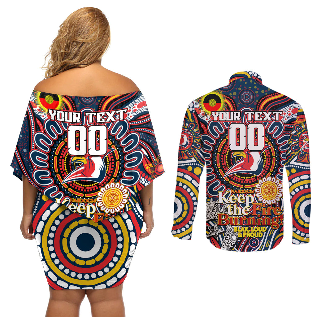 Custom NAIDOC Week 2024 Roosters Couples Matching Off Shoulder Short Dress and Long Sleeve Button Shirt Mascot Rugby