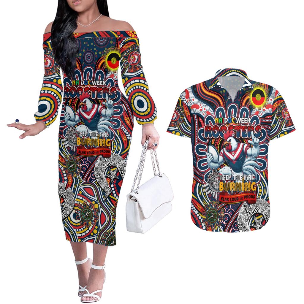 Custom NAIDOC Week 2024 Roosters Couples Matching Off The Shoulder Long Sleeve Dress and Hawaiian Shirt Mascot Rugby