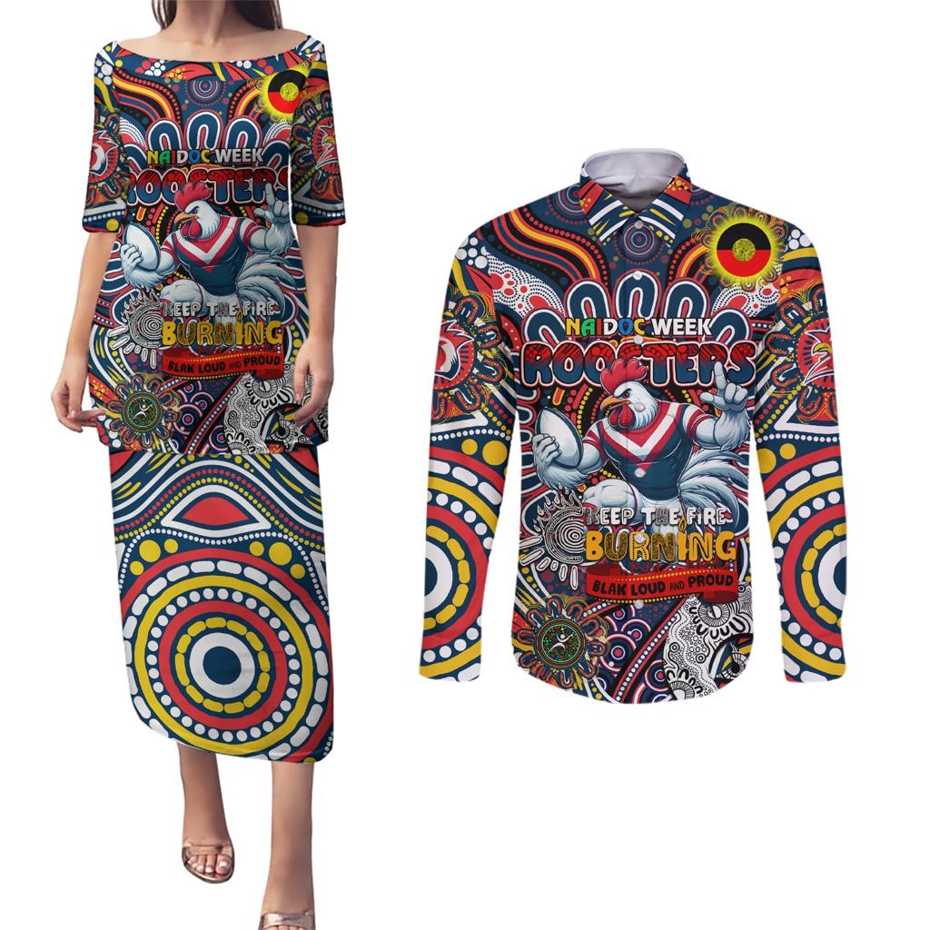 Custom NAIDOC Week 2024 Roosters Couples Matching Puletasi and Long Sleeve Button Shirt Mascot Rugby