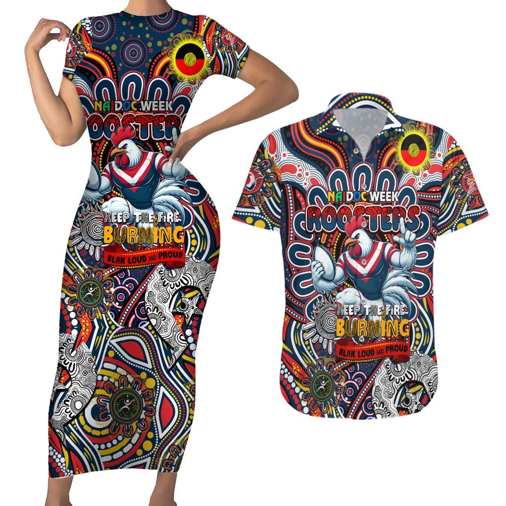 Custom NAIDOC Week 2024 Roosters Couples Matching Short Sleeve Bodycon Dress and Hawaiian Shirt Mascot Rugby