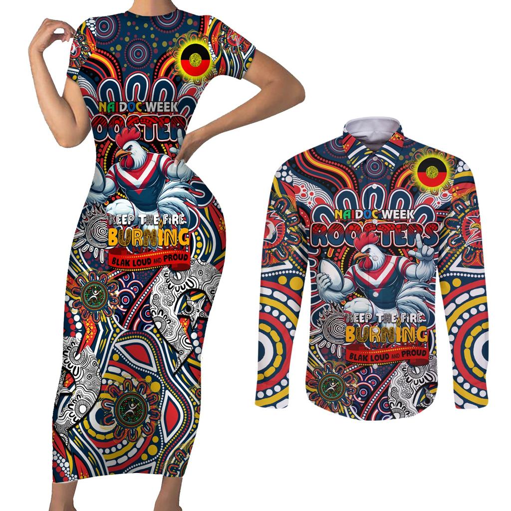Custom NAIDOC Week 2024 Roosters Couples Matching Short Sleeve Bodycon Dress and Long Sleeve Button Shirt Mascot Rugby