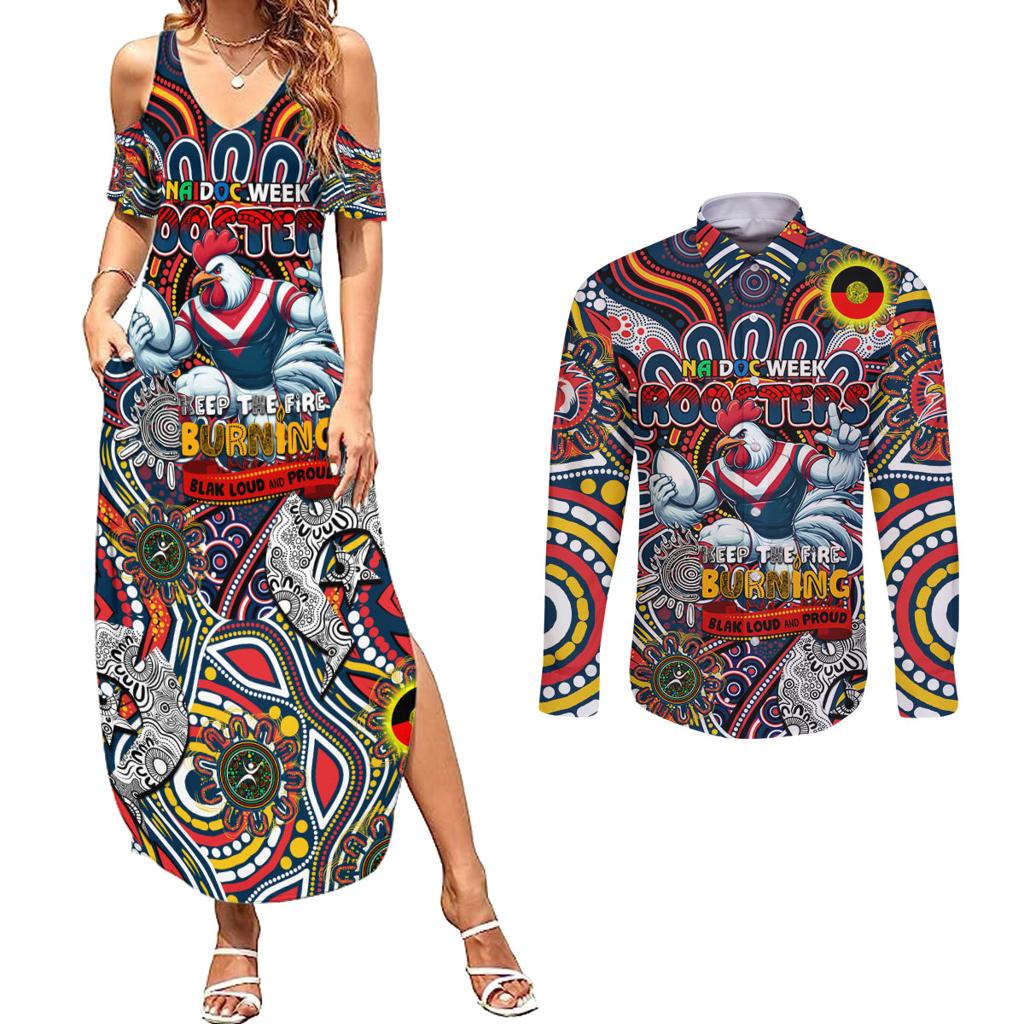 Custom NAIDOC Week 2024 Roosters Couples Matching Summer Maxi Dress and Long Sleeve Button Shirt Mascot Rugby