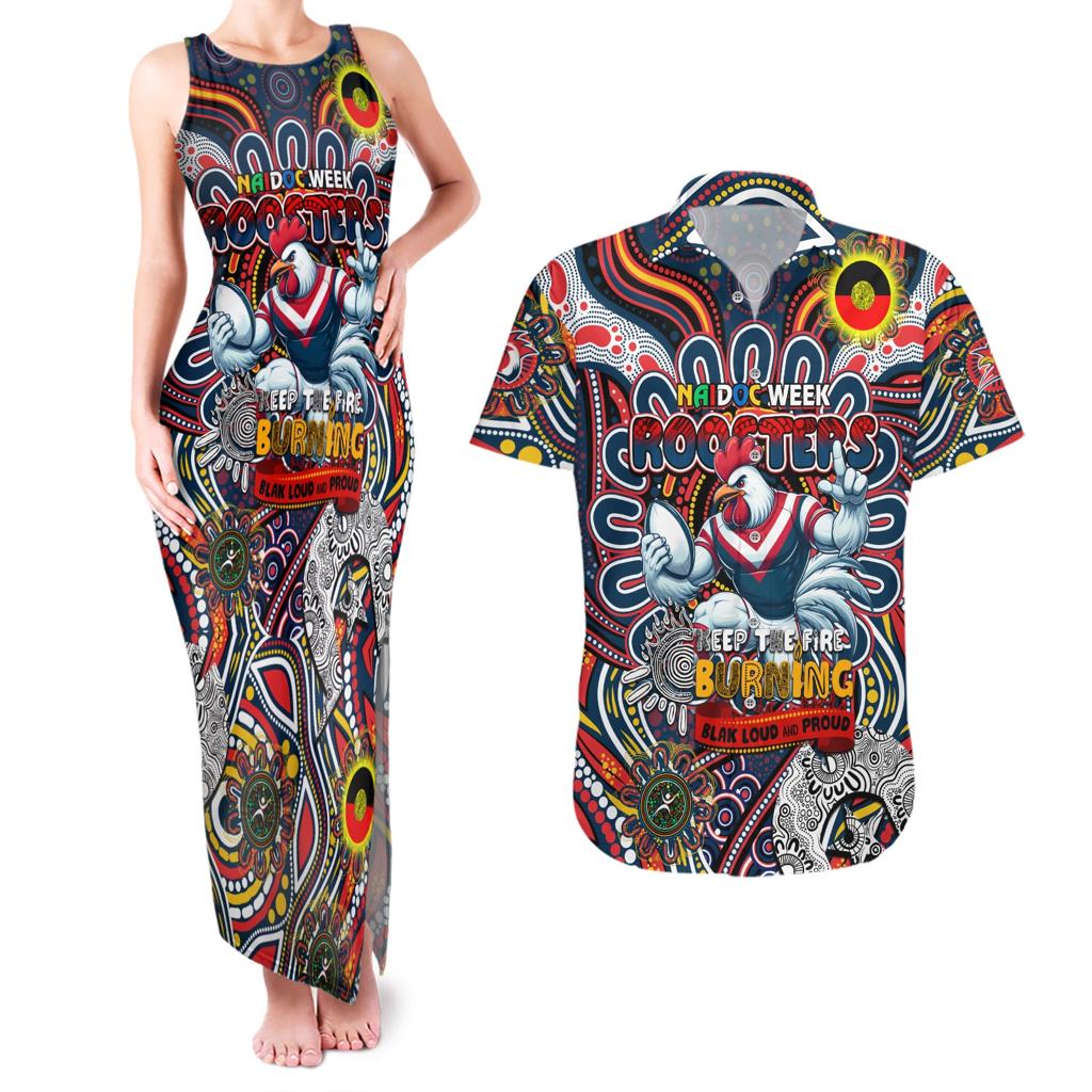 Custom NAIDOC Week 2024 Roosters Couples Matching Tank Maxi Dress and Hawaiian Shirt Mascot Rugby