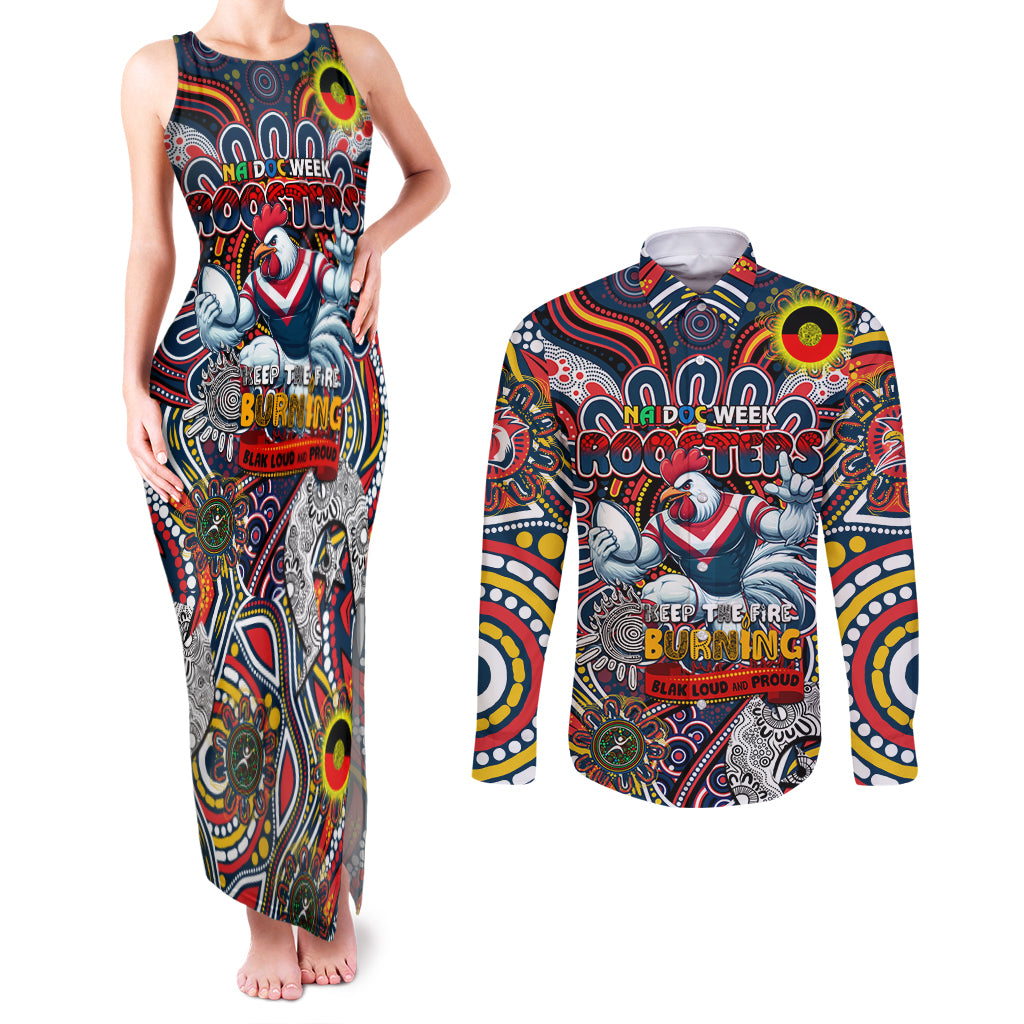 Custom NAIDOC Week 2024 Roosters Couples Matching Tank Maxi Dress and Long Sleeve Button Shirt Mascot Rugby