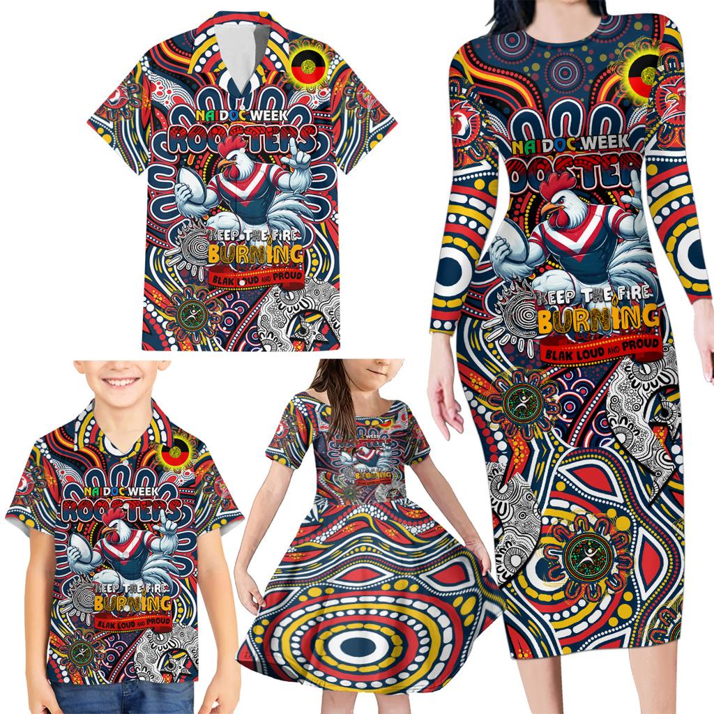 Custom NAIDOC Week 2024 Roosters Family Matching Long Sleeve Bodycon Dress and Hawaiian Shirt Mascot Rugby
