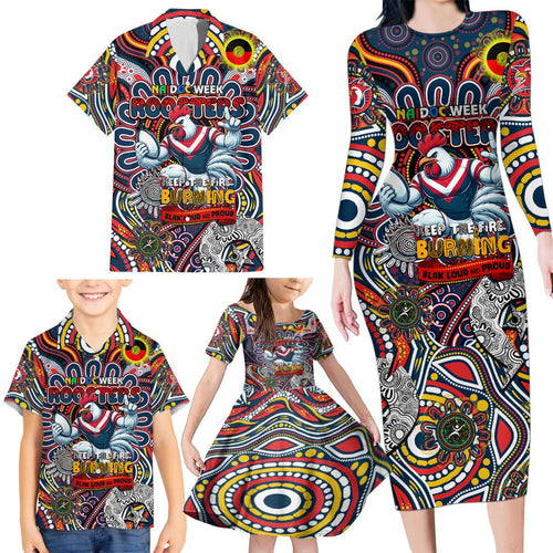Custom NAIDOC Week 2024 Roosters Family Matching Long Sleeve Bodycon Dress and Hawaiian Shirt Mascot Rugby