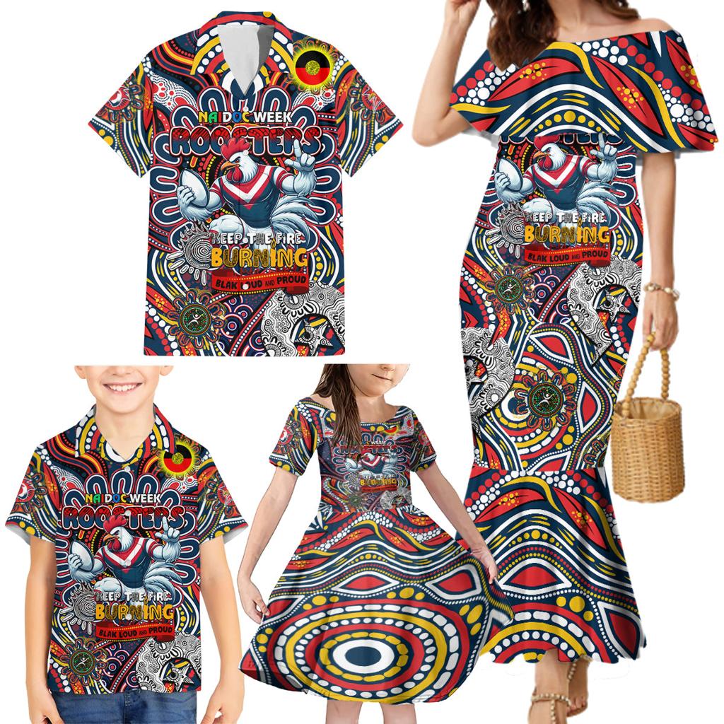 Custom NAIDOC Week 2024 Roosters Family Matching Mermaid Dress and Hawaiian Shirt Mascot Rugby