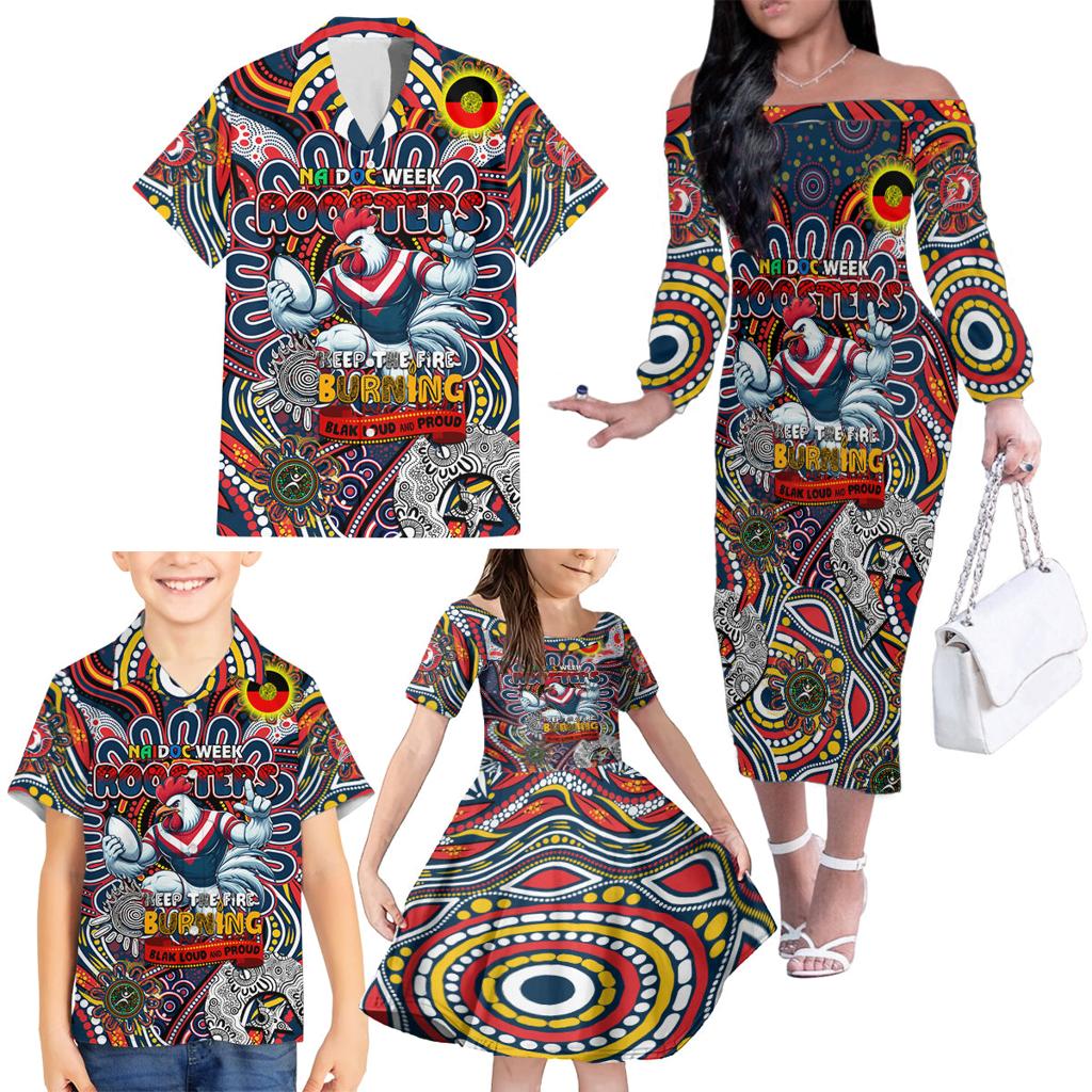 Custom NAIDOC Week 2024 Roosters Family Matching Off The Shoulder Long Sleeve Dress and Hawaiian Shirt Mascot Rugby