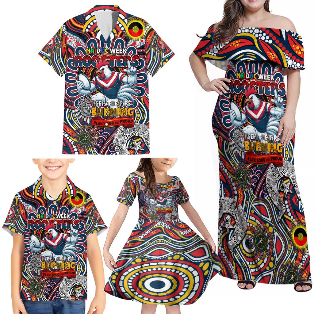 Custom NAIDOC Week 2024 Roosters Family Matching Off Shoulder Maxi Dress and Hawaiian Shirt Mascot Rugby