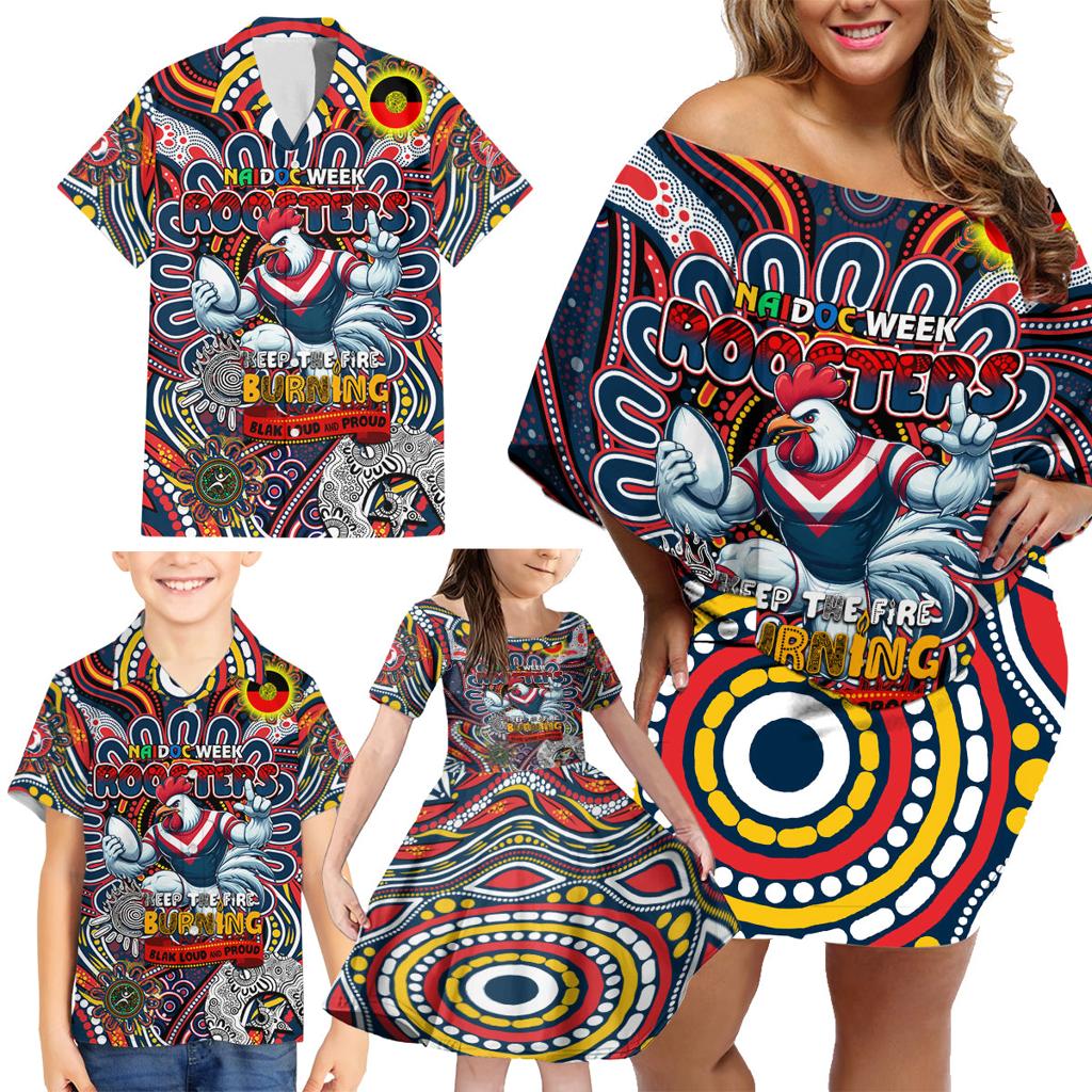 Custom NAIDOC Week 2024 Roosters Family Matching Off Shoulder Short Dress and Hawaiian Shirt Mascot Rugby