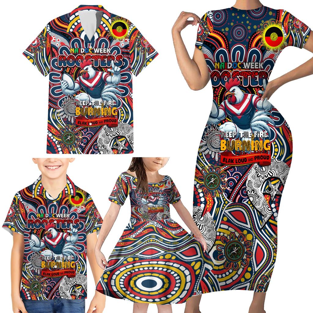 Custom NAIDOC Week 2024 Roosters Family Matching Short Sleeve Bodycon Dress and Hawaiian Shirt Mascot Rugby