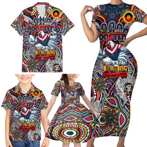 Custom NAIDOC Week 2024 Roosters Family Matching Short Sleeve Bodycon Dress and Hawaiian Shirt Mascot Rugby
