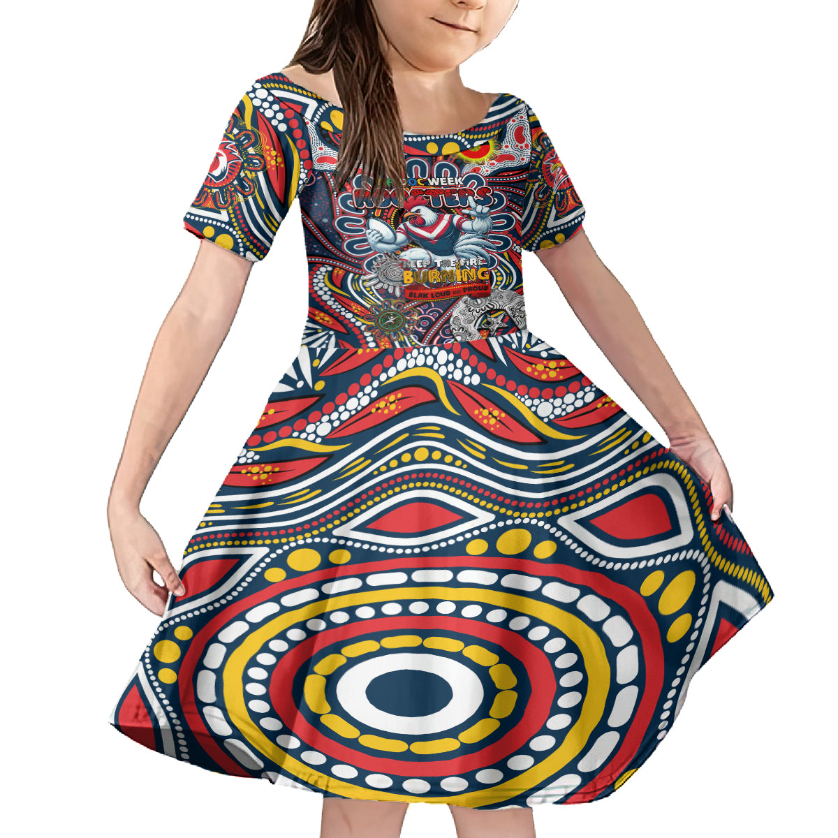 Custom NAIDOC Week 2024 Roosters Kid Short Sleeve Dress Mascot Rugby