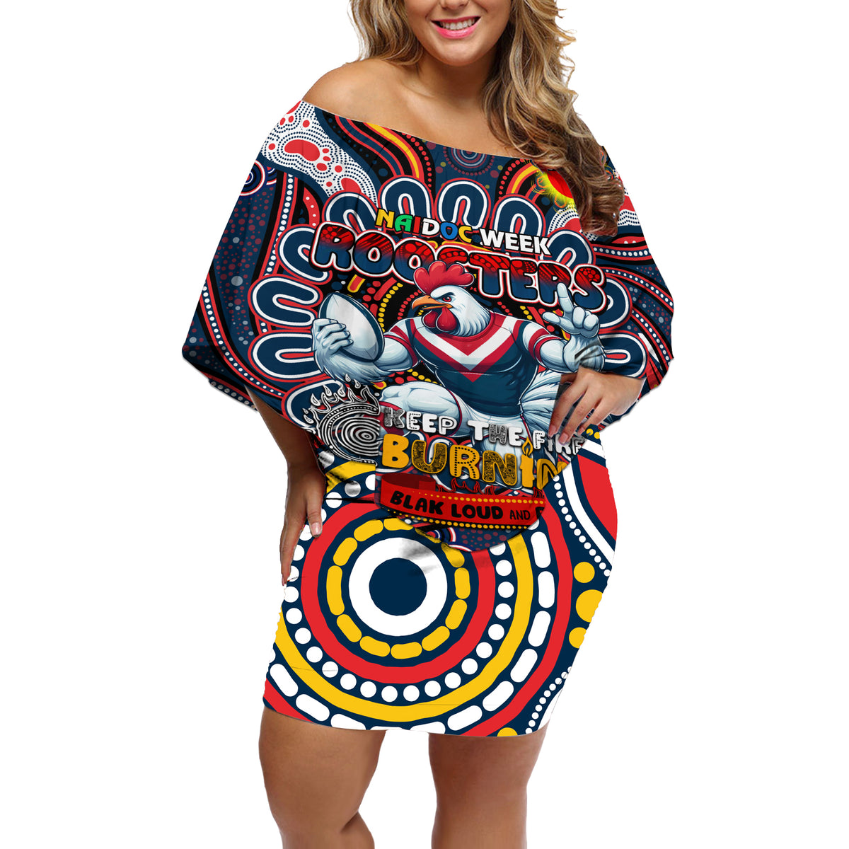 Custom NAIDOC Week 2024 Roosters Off Shoulder Short Dress Mascot Rugby