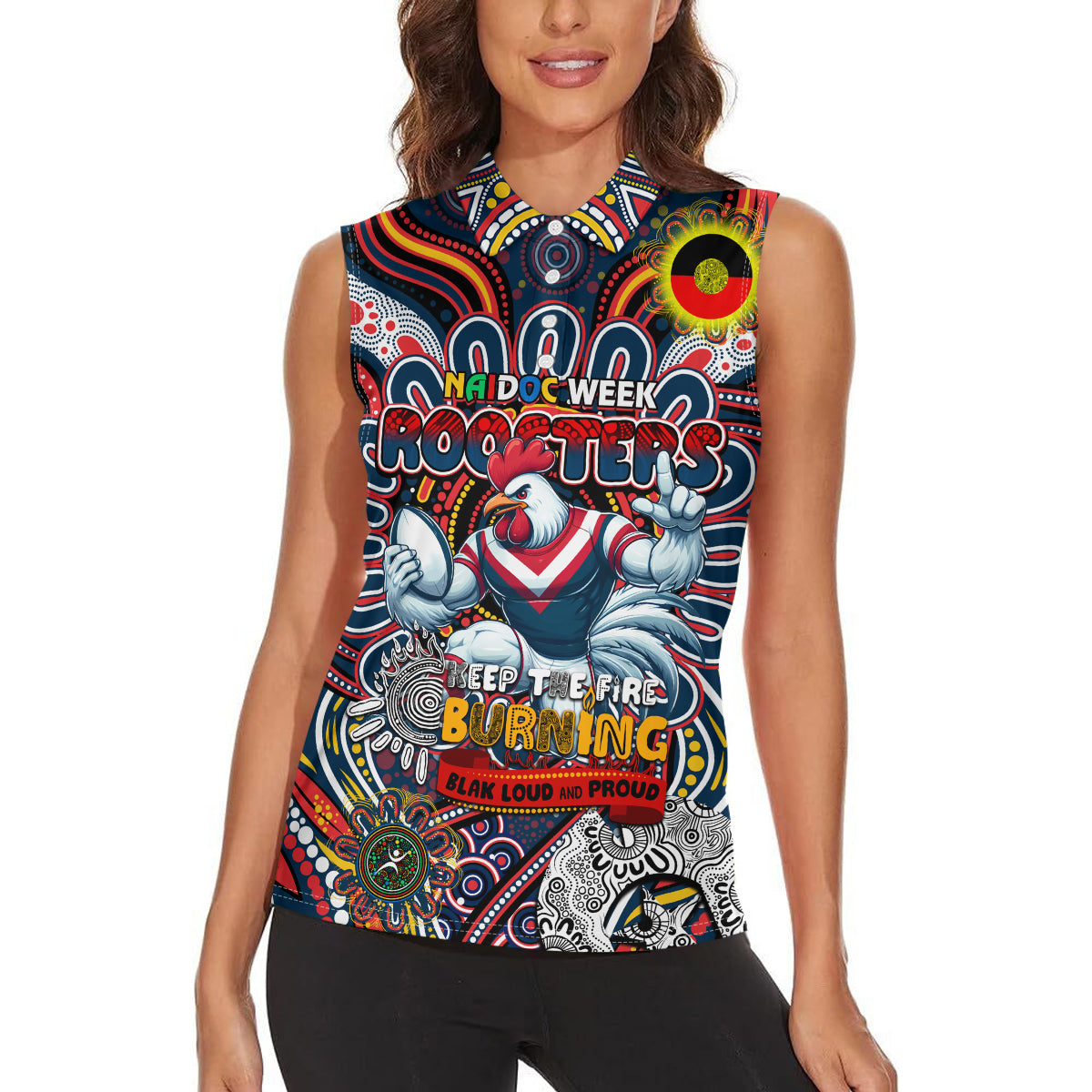 Custom NAIDOC Week 2024 Roosters Women Sleeveless Polo Shirt Mascot Rugby