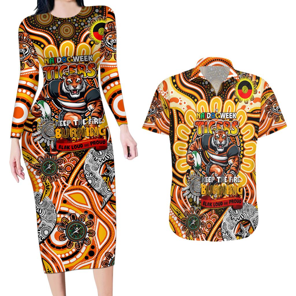 Custom NAIDOC Week 2024 Tigers Couples Matching Long Sleeve Bodycon Dress and Hawaiian Shirt Mascot Rugby