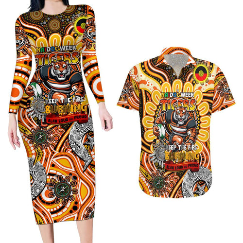 Custom NAIDOC Week 2024 Tigers Couples Matching Long Sleeve Bodycon Dress and Hawaiian Shirt Mascot Rugby