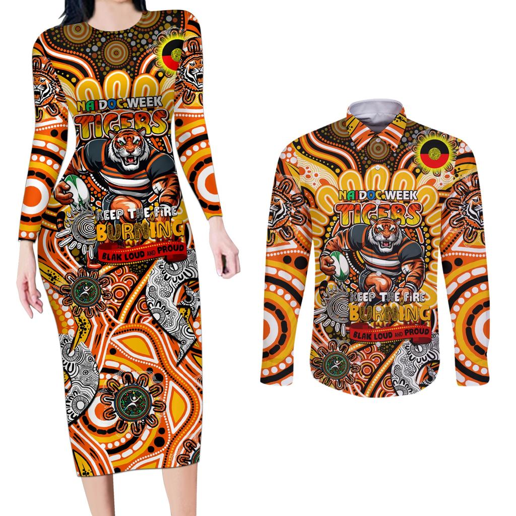 Custom NAIDOC Week 2024 Tigers Couples Matching Long Sleeve Bodycon Dress and Long Sleeve Button Shirt Mascot Rugby