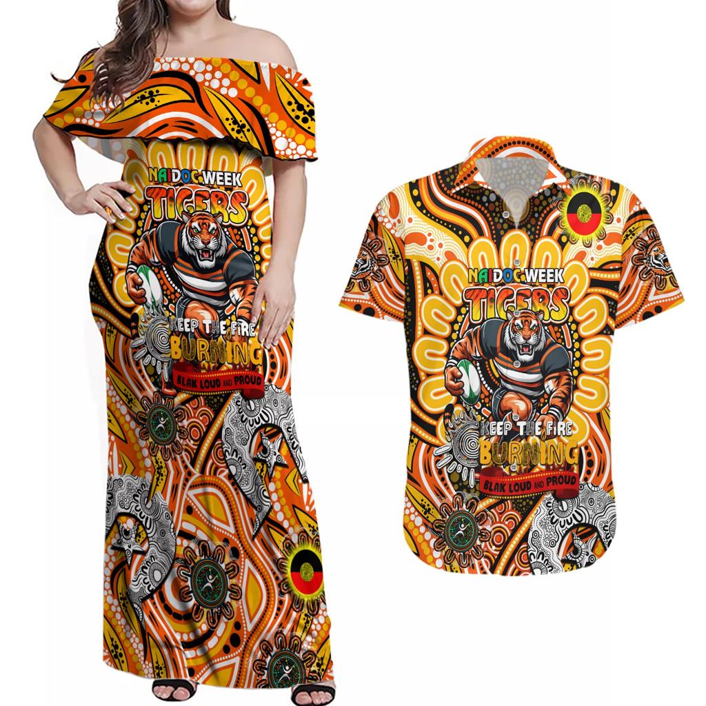 Custom NAIDOC Week 2024 Tigers Couples Matching Off Shoulder Maxi Dress and Hawaiian Shirt Mascot Rugby