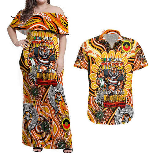 Custom NAIDOC Week 2024 Tigers Couples Matching Off Shoulder Maxi Dress and Hawaiian Shirt Mascot Rugby