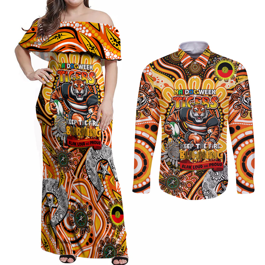 Custom NAIDOC Week 2024 Tigers Couples Matching Off Shoulder Maxi Dress and Long Sleeve Button Shirt Mascot Rugby