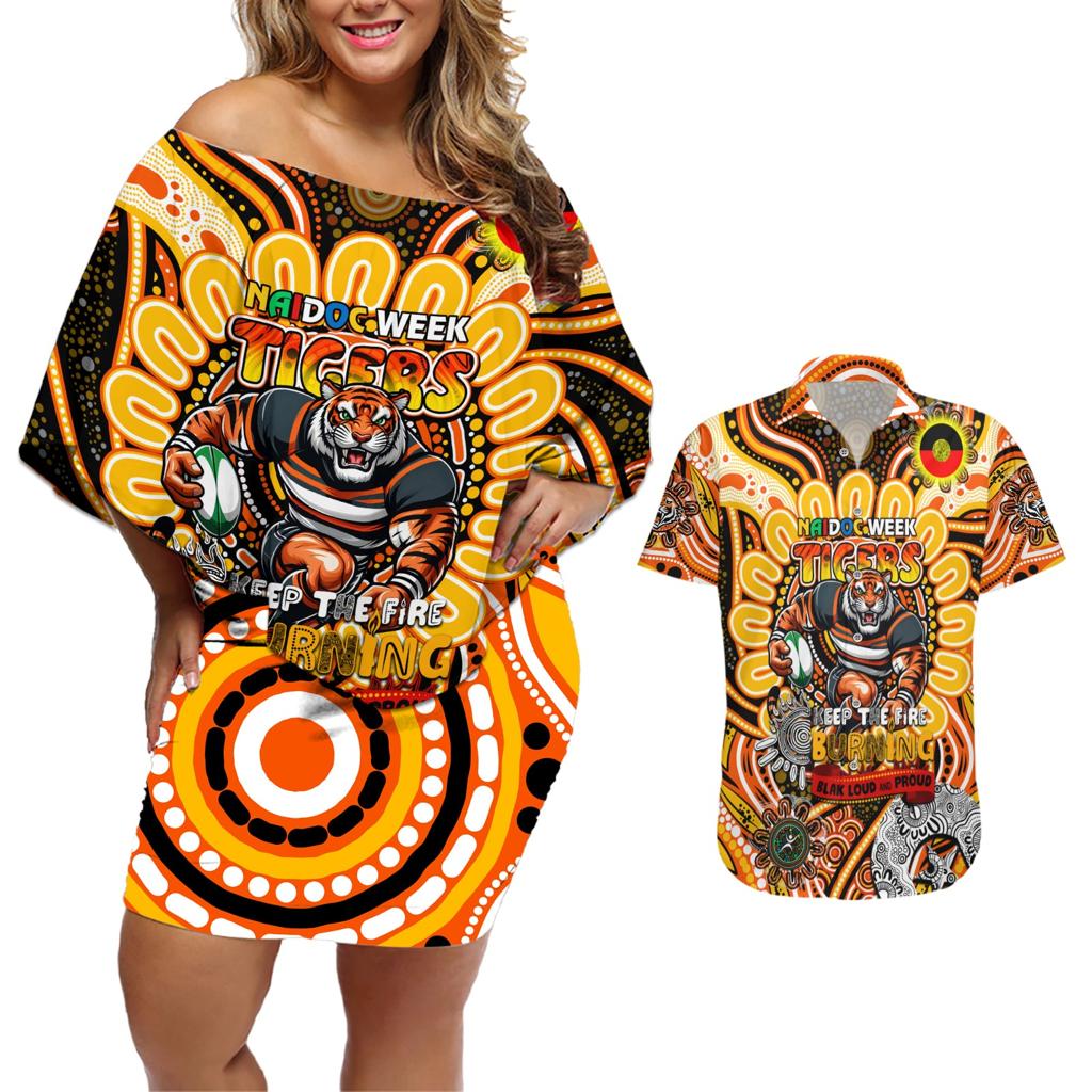 Custom NAIDOC Week 2024 Tigers Couples Matching Off Shoulder Short Dress and Hawaiian Shirt Mascot Rugby