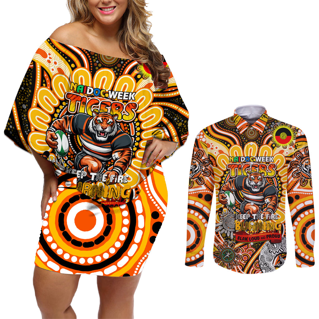 Custom NAIDOC Week 2024 Tigers Couples Matching Off Shoulder Short Dress and Long Sleeve Button Shirt Mascot Rugby