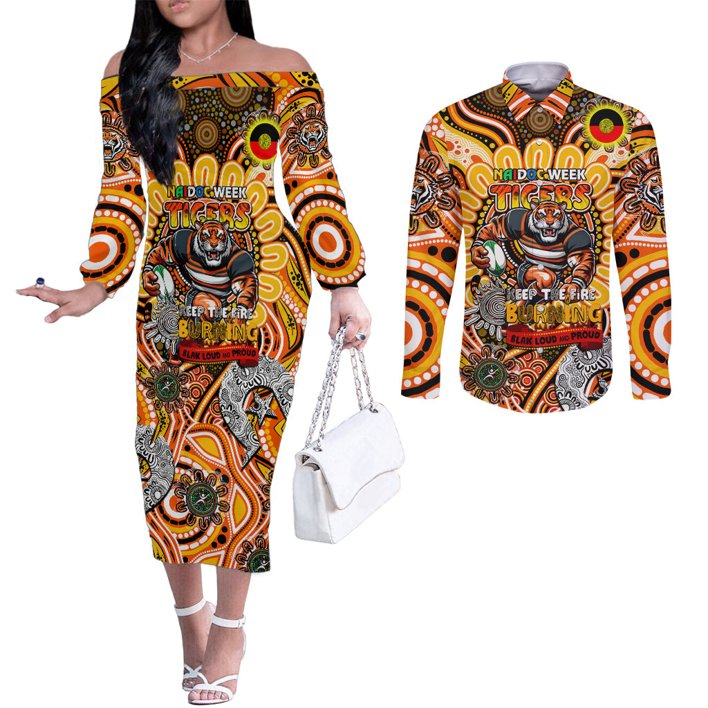 Custom NAIDOC Week 2024 Tigers Couples Matching Off The Shoulder Long Sleeve Dress and Long Sleeve Button Shirt Mascot Rugby