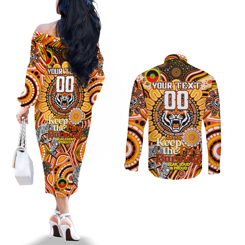 Custom NAIDOC Week 2024 Tigers Couples Matching Off The Shoulder Long Sleeve Dress and Long Sleeve Button Shirt Mascot Rugby