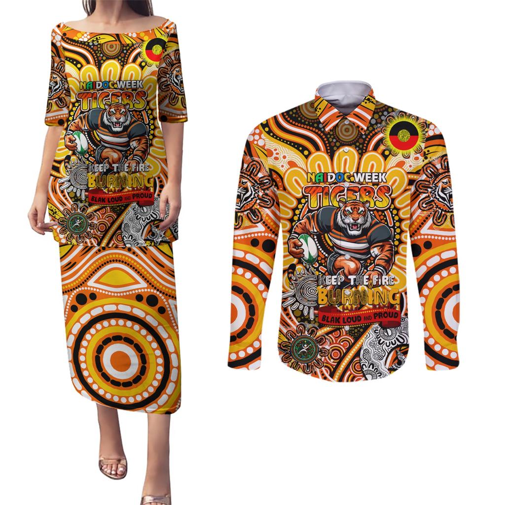 Custom NAIDOC Week 2024 Tigers Couples Matching Puletasi and Long Sleeve Button Shirt Mascot Rugby