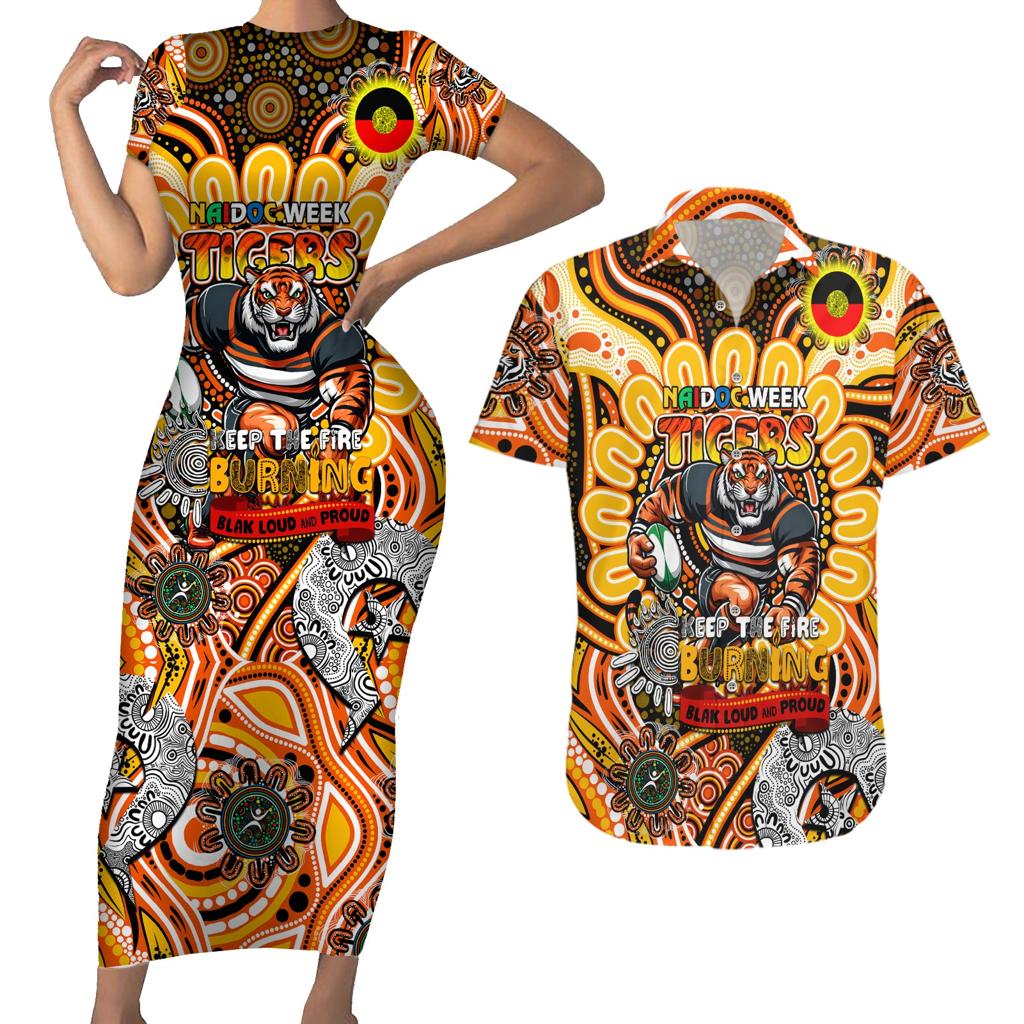 Custom NAIDOC Week 2024 Tigers Couples Matching Short Sleeve Bodycon Dress and Hawaiian Shirt Mascot Rugby