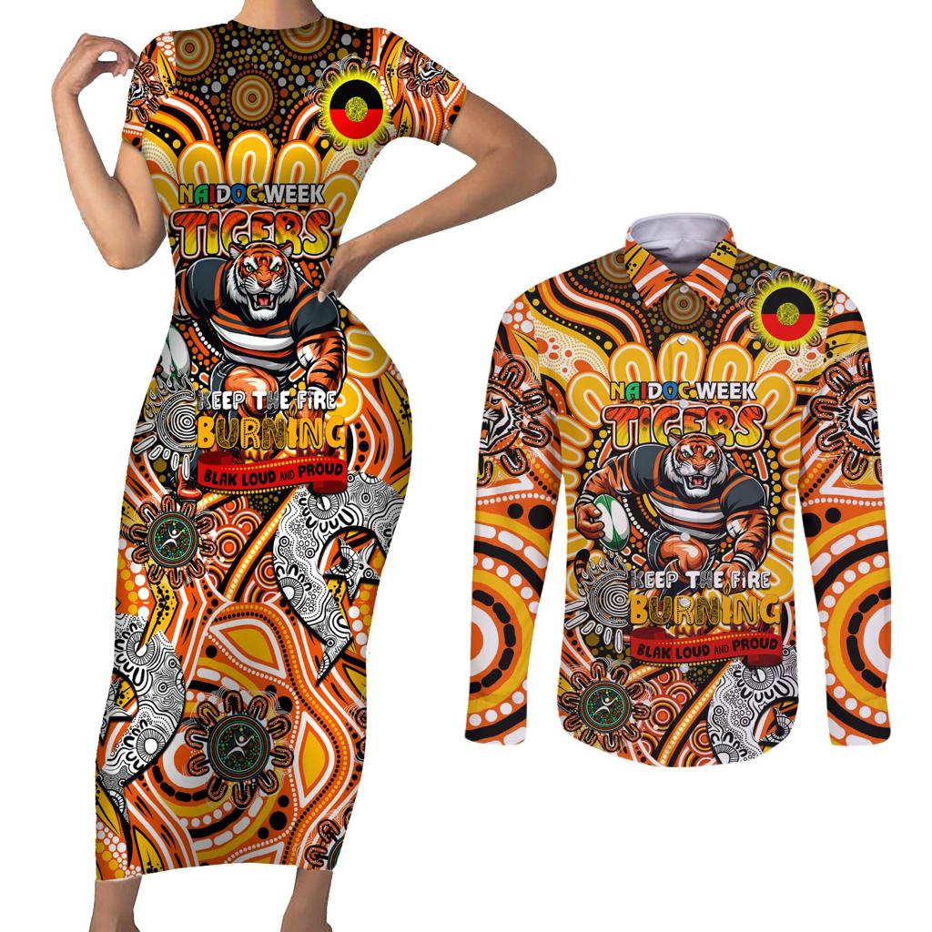 Custom NAIDOC Week 2024 Tigers Couples Matching Short Sleeve Bodycon Dress and Long Sleeve Button Shirt Mascot Rugby