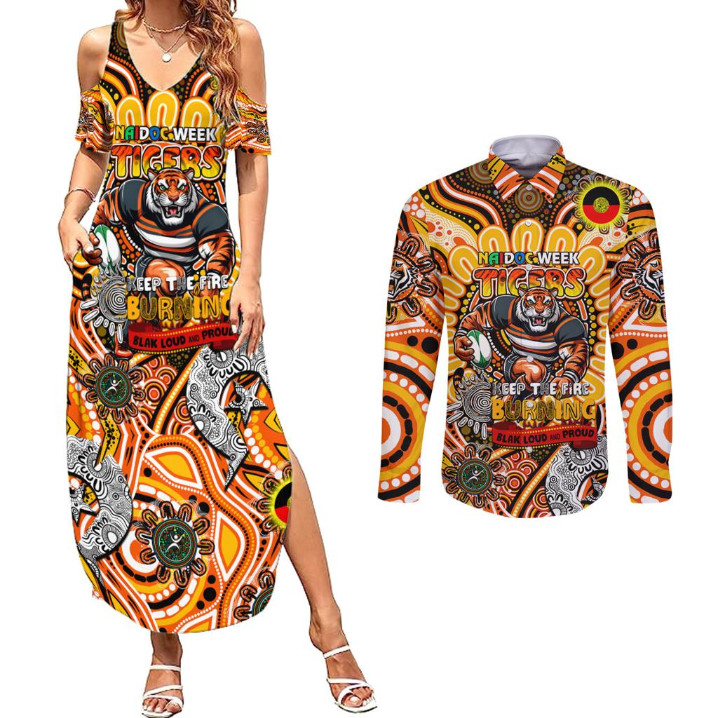 Custom NAIDOC Week 2024 Tigers Couples Matching Summer Maxi Dress and Long Sleeve Button Shirt Mascot Rugby