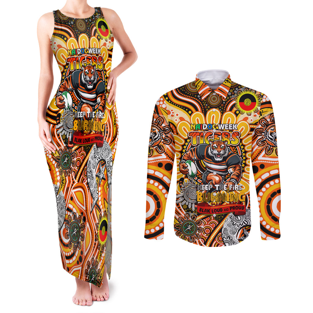 Custom NAIDOC Week 2024 Tigers Couples Matching Tank Maxi Dress and Long Sleeve Button Shirt Mascot Rugby