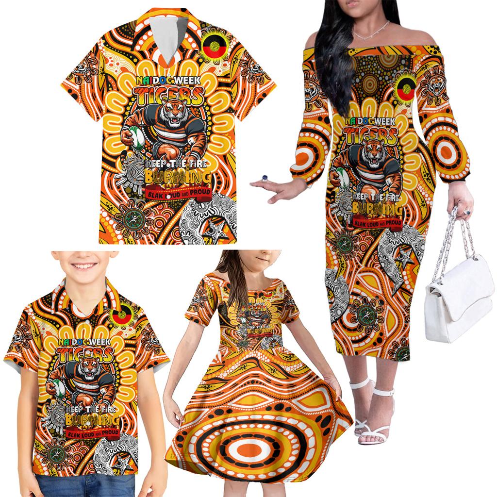Custom NAIDOC Week 2024 Tigers Family Matching Off The Shoulder Long Sleeve Dress and Hawaiian Shirt Mascot Rugby