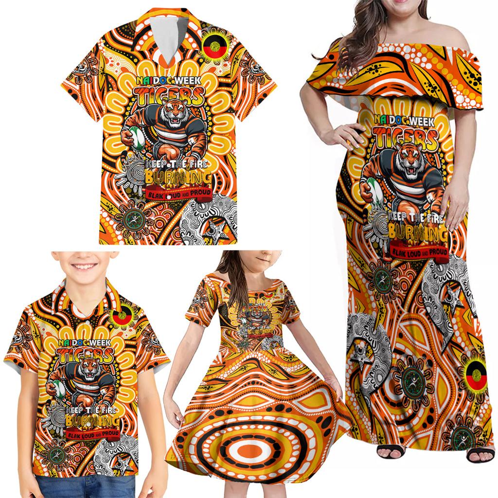 Custom NAIDOC Week 2024 Tigers Family Matching Off Shoulder Maxi Dress and Hawaiian Shirt Mascot Rugby