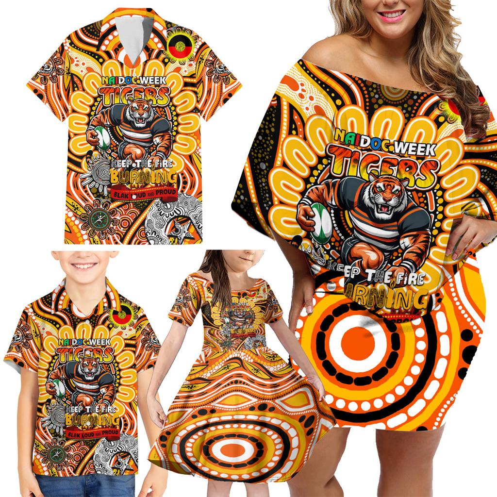 Custom NAIDOC Week 2024 Tigers Family Matching Off Shoulder Short Dress and Hawaiian Shirt Mascot Rugby