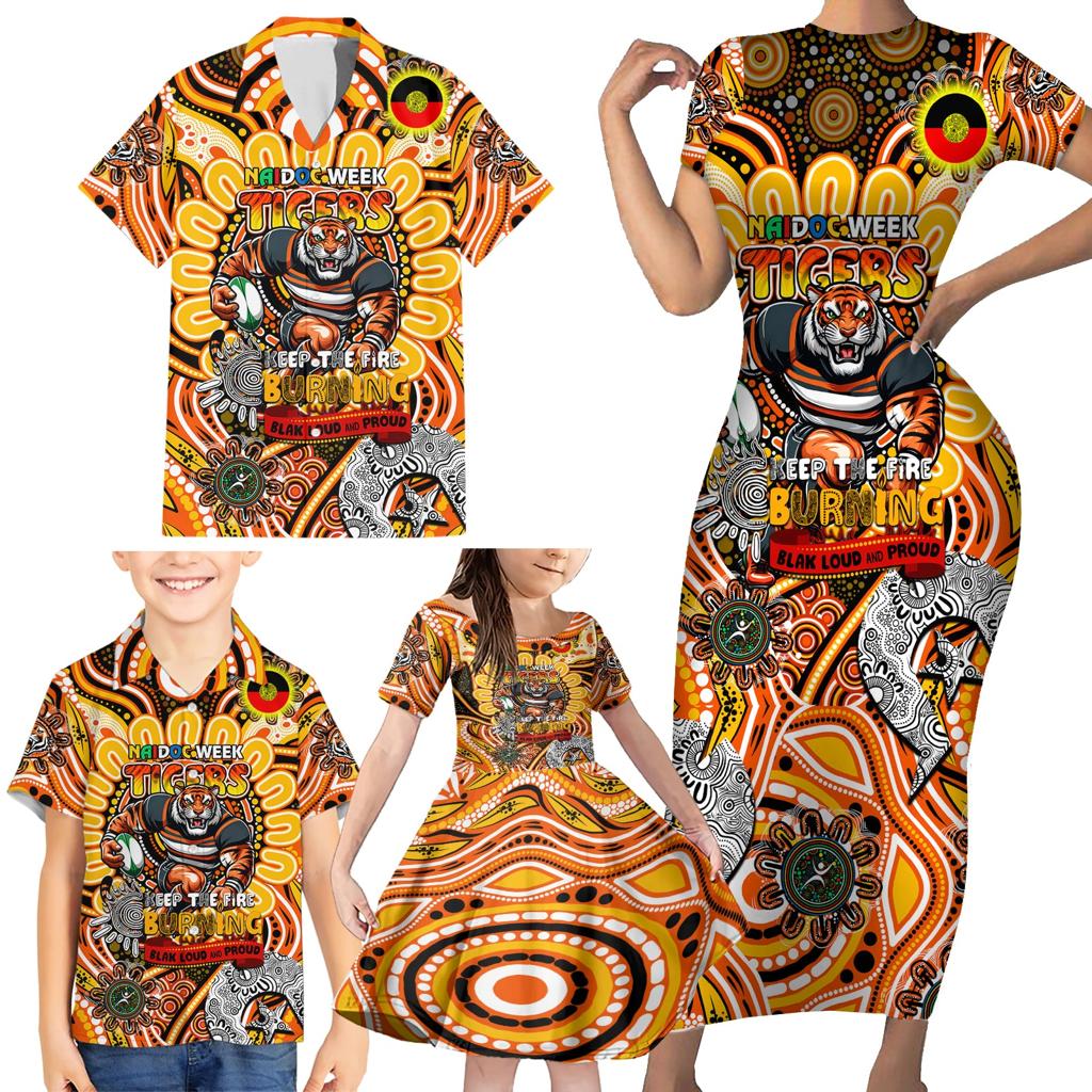 Custom NAIDOC Week 2024 Tigers Family Matching Short Sleeve Bodycon Dress and Hawaiian Shirt Mascot Rugby