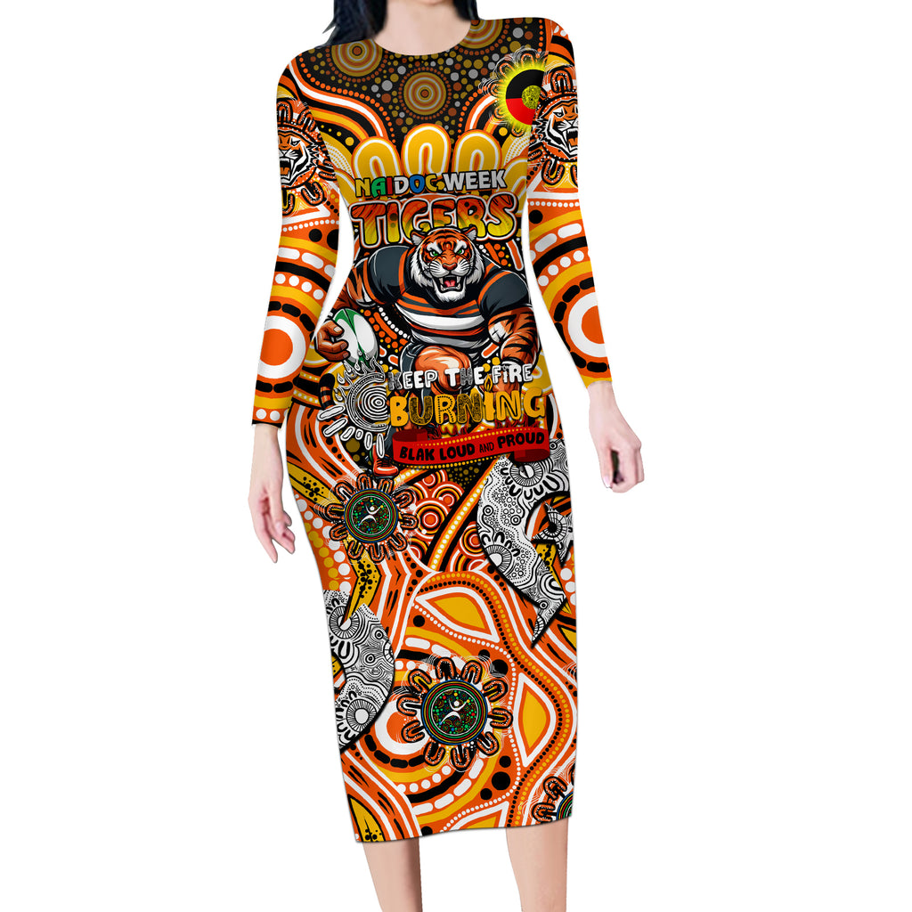 Custom NAIDOC Week 2024 Tigers Long Sleeve Bodycon Dress Mascot Rugby