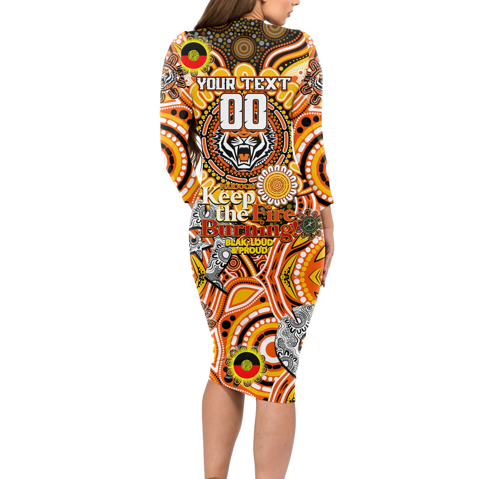 Custom NAIDOC Week 2024 Tigers Long Sleeve Bodycon Dress Mascot Rugby