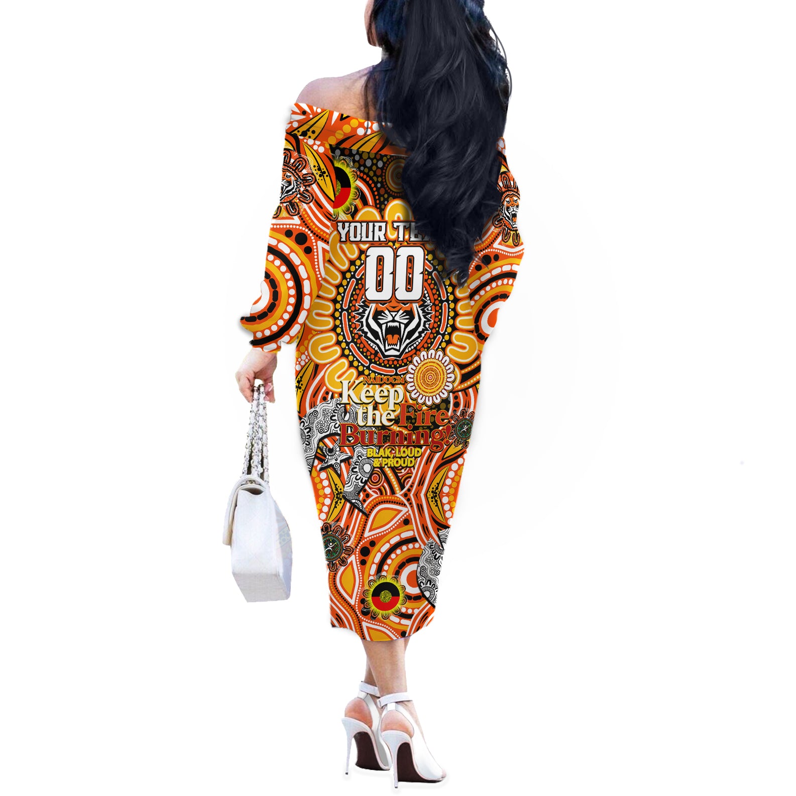 Custom NAIDOC Week 2024 Tigers Off The Shoulder Long Sleeve Dress Mascot Rugby