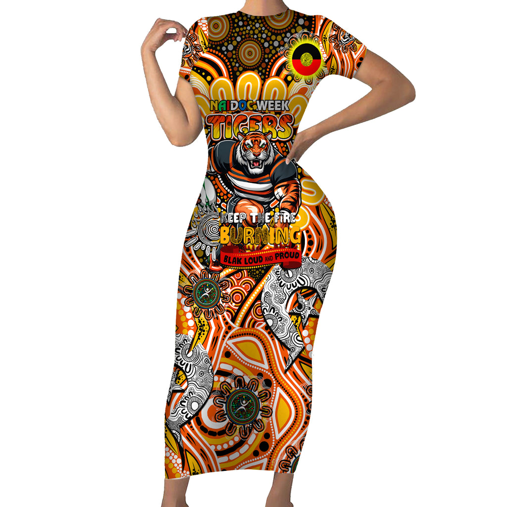 Custom NAIDOC Week 2024 Tigers Short Sleeve Bodycon Dress Mascot Rugby