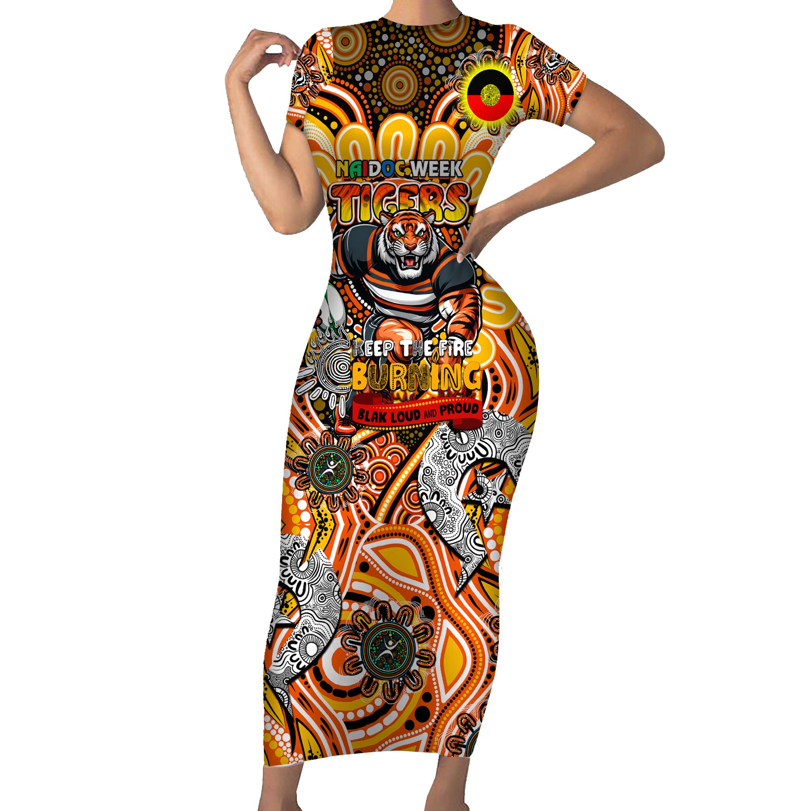 Custom NAIDOC Week 2024 Tigers Short Sleeve Bodycon Dress Mascot Rugby