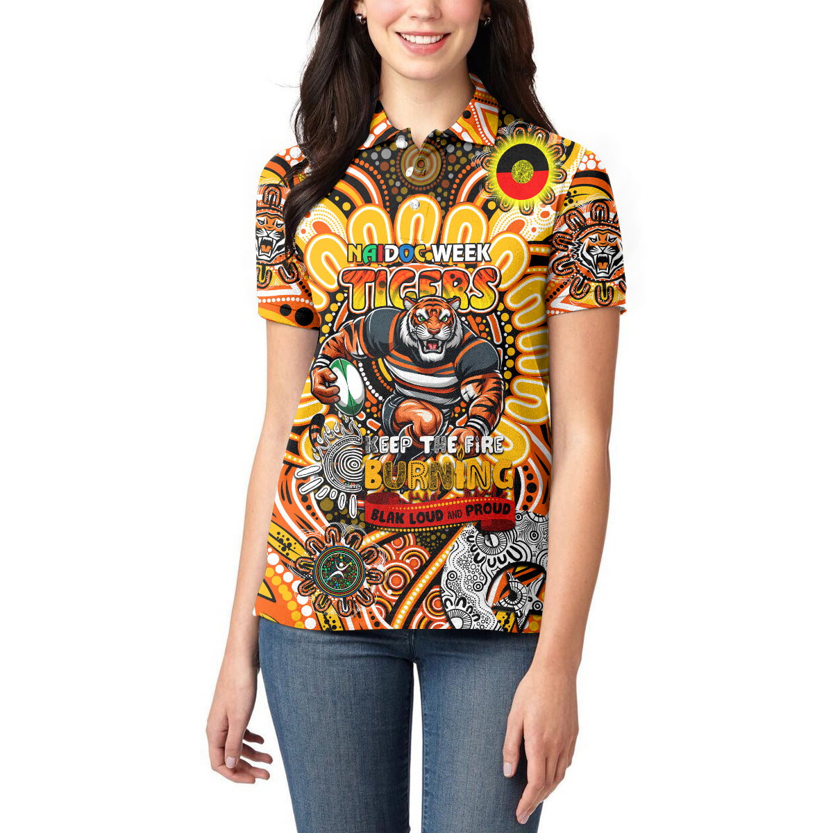 Custom NAIDOC Week 2024 Tigers Women Polo Shirt Mascot Rugby