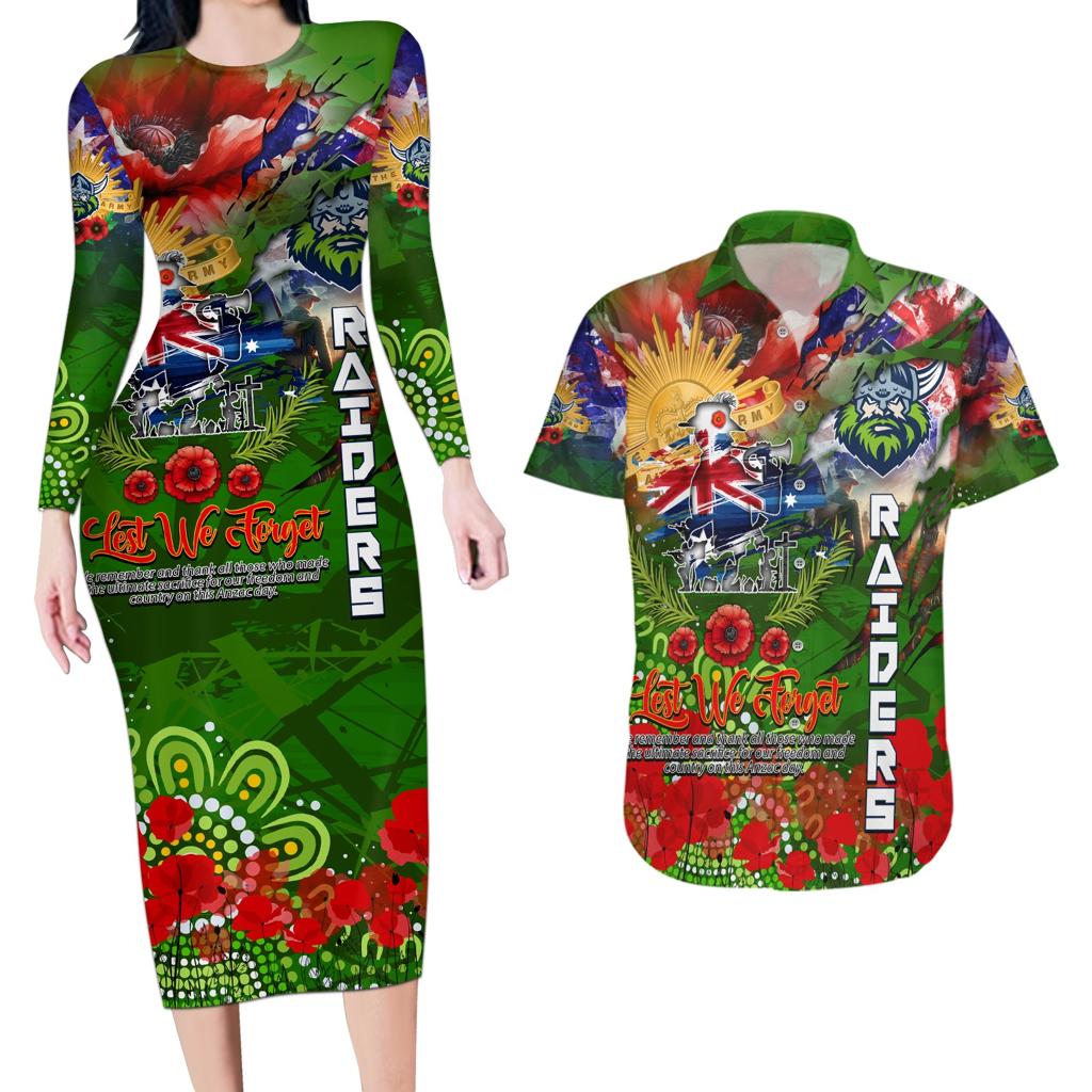 Personalised Australia Rugby Raiders ANZAC Couples Matching Long Sleeve Bodycon Dress and Hawaiian Shirt Canberra Scratch Style