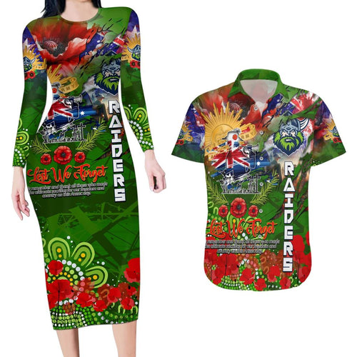 Personalised Australia Rugby Raiders ANZAC Couples Matching Long Sleeve Bodycon Dress and Hawaiian Shirt Canberra Scratch Style