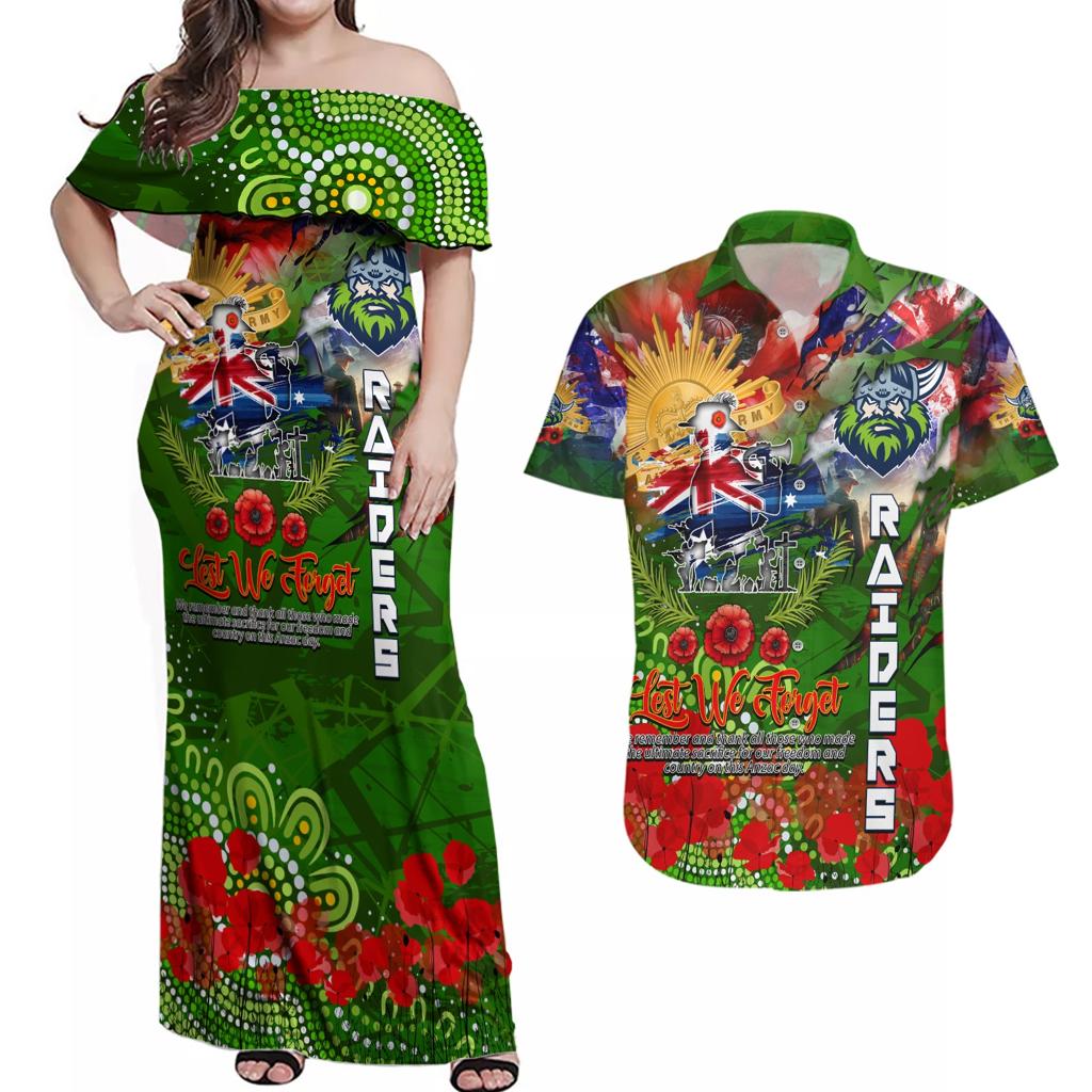 Personalised Australia Rugby Raiders ANZAC Couples Matching Off Shoulder Maxi Dress and Hawaiian Shirt Canberra Scratch Style